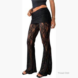 Sheer Mesh Flare Leggings Lace Pants Elastic Waist Casual Trousers